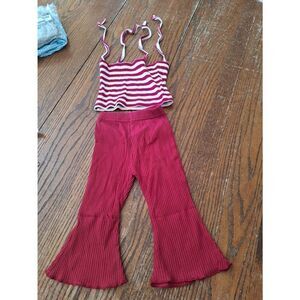 New 12/24 Month Girl's Red White Striped Halter Crop Top with Red Flare Leg Pant